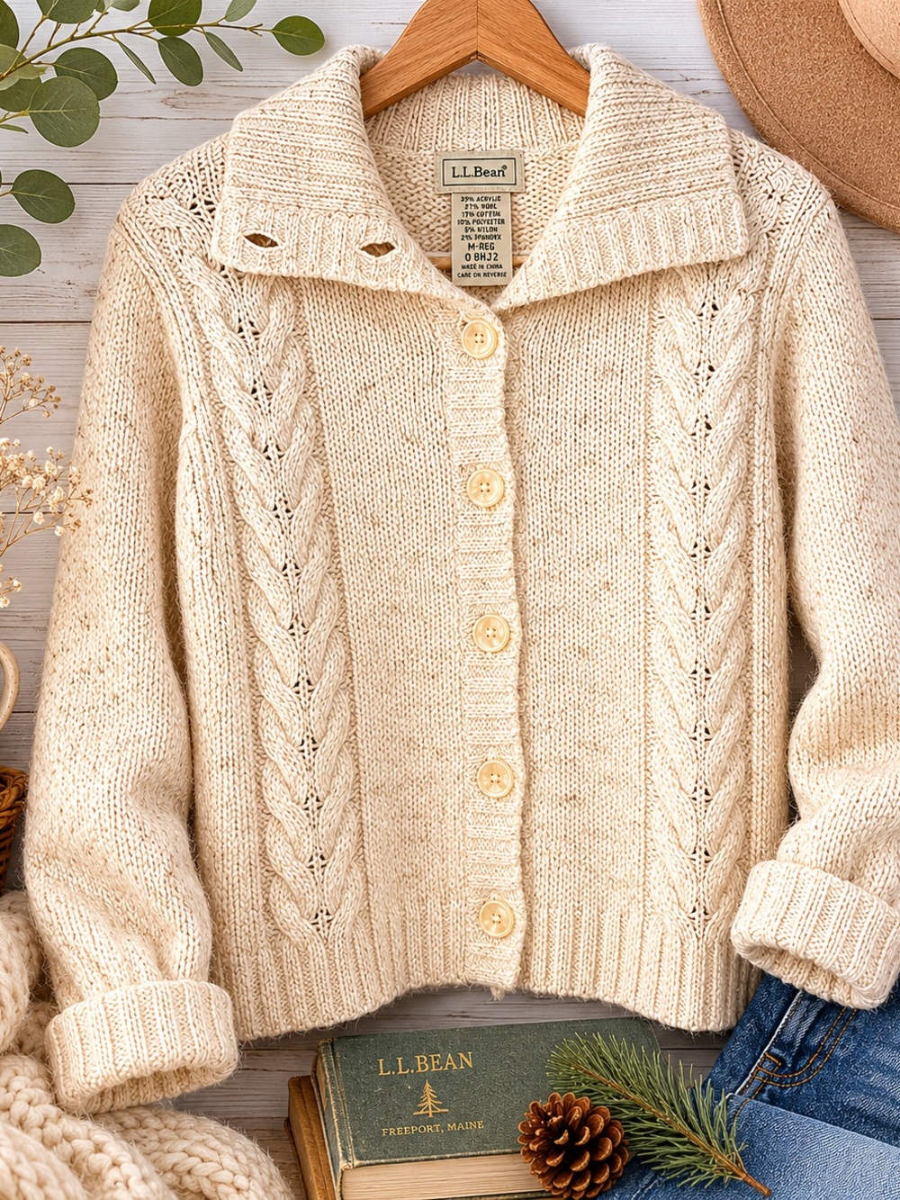 L.L.Bean Cable Knit Cardigan Sweater Womens Medium Cream Button Front